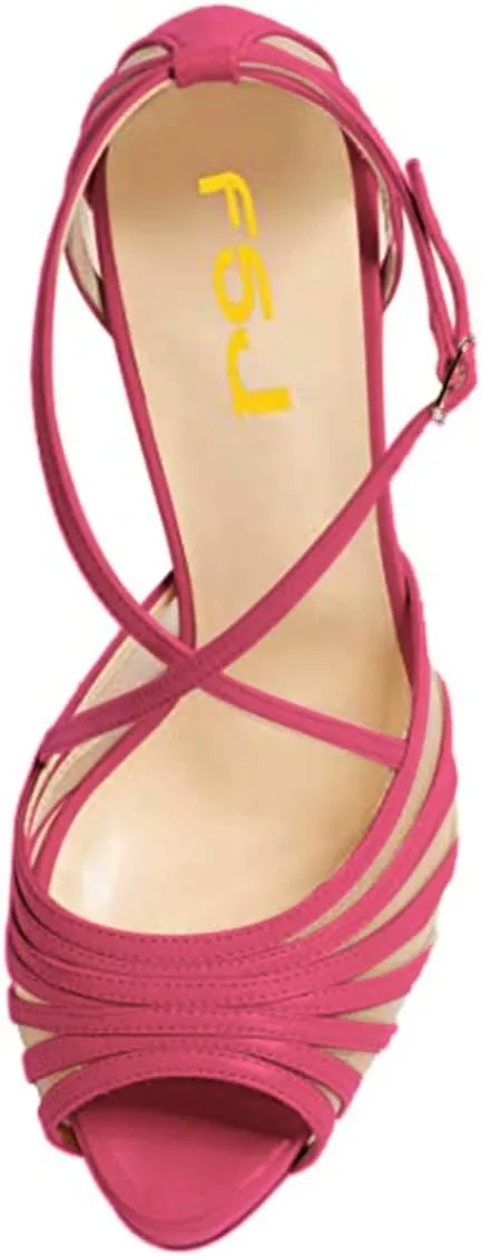 FSJ Women Elegant Peep Toe Crisscross Platform Sandals Ankle Strappy Stiletto High Heel Pumps D'Orsay Wedding Dress Shoes US Size 4-15