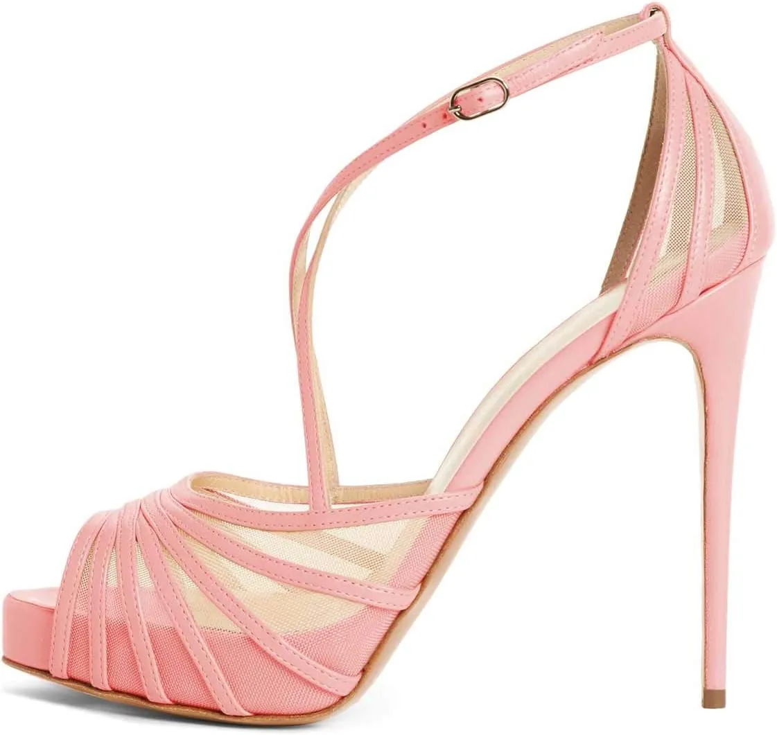 FSJ Women Elegant Peep Toe Crisscross Platform Sandals Ankle Strappy Stiletto High Heel Pumps D'Orsay Wedding Dress Shoes US Size 4-15