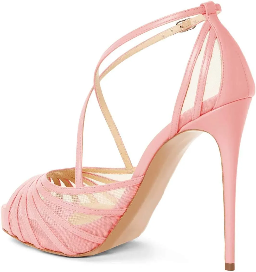 FSJ Women Elegant Peep Toe Crisscross Platform Sandals Ankle Strappy Stiletto High Heel Pumps D'Orsay Wedding Dress Shoes US Size 4-15