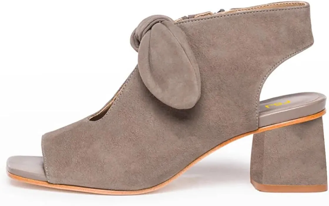 FSJ Women Peep Open Toe Bowknot Heeled Sandals Chunky Low Heel Sandal Booties Hollow Cutout Slingback Zipper Comfortable Summer Casual Beach Dress Shoes Size 4-16 US