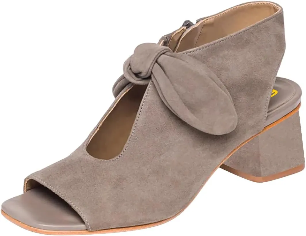 FSJ Women Peep Open Toe Bowknot Heeled Sandals Chunky Low Heel Sandal Booties Hollow Cutout Slingback Zipper Comfortable Summer Casual Beach Dress Shoes Size 4-16 US