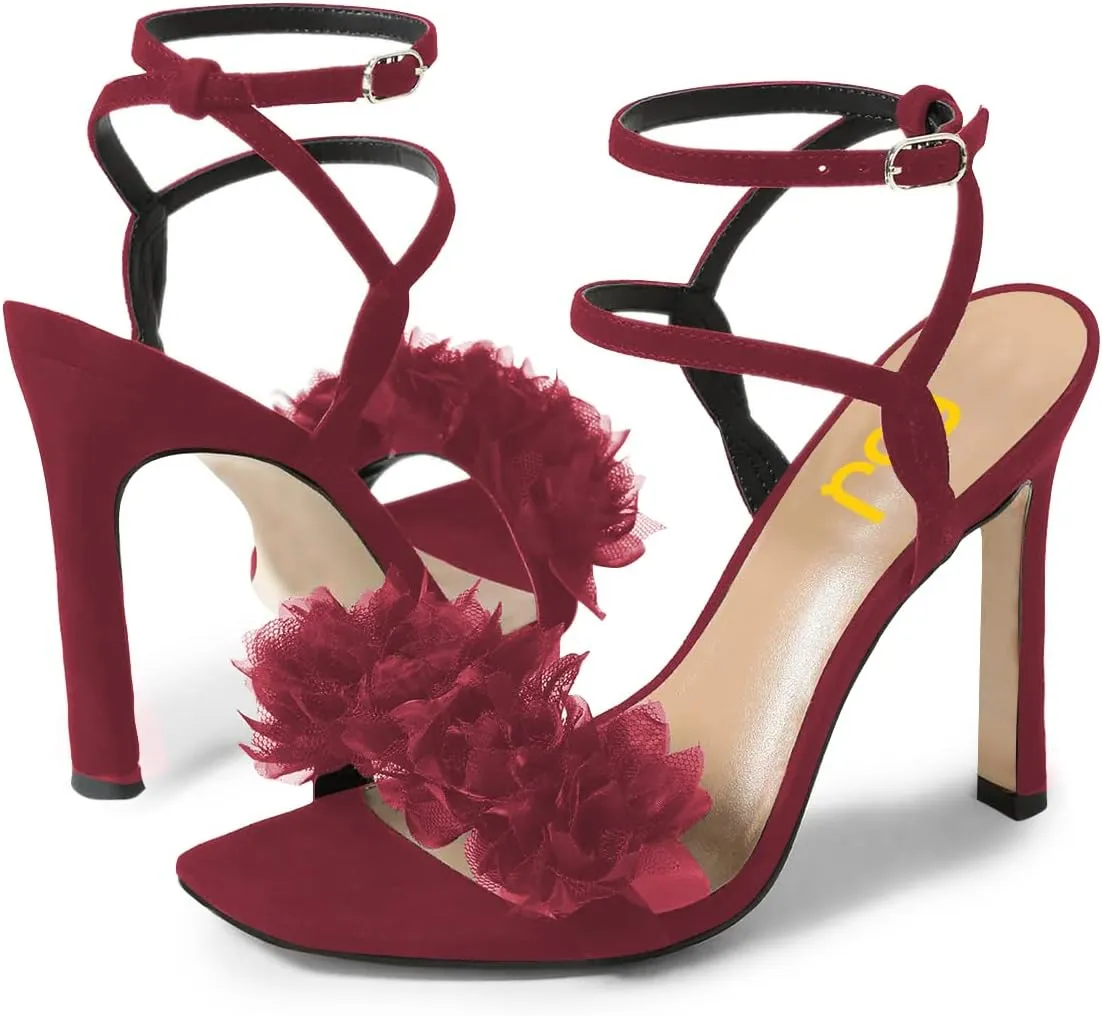 FSJ Women Sexy Mesh Flower Open Toe Stiletto High Heel Sandals Ankle Strap Buckle Party Evening Dress Shoes Size 4-15 US