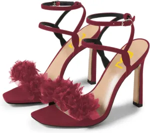 FSJ Women Sexy Mesh Flower Open Toe Stiletto High Heel Sandals Ankle Strap Buckle Party Evening Dress Shoes Size 4-15 US