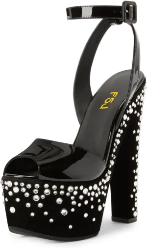 FSJ Women Super High Block Chunky Platform Heel Peep Toe Ankle Strap Sandals Sexy Slingback Buckle Prom Pump Shoes Size 4-16 US