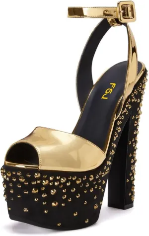 FSJ Women Super High Block Chunky Platform Heel Peep Toe Ankle Strap Sandals Sexy Slingback Buckle Prom Pump Shoes Size 4-16 US