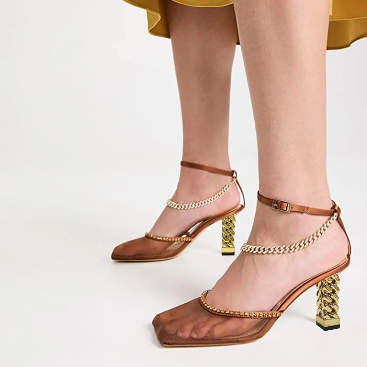 FYS Women Bling Square Toe Rhinestone Heeled Sandals Gold Metal Block Heels Ankle Strap Studded Chain Party Prom Fashion Breathable Mesh Shoes Size 4-15 US