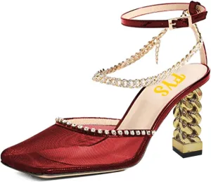 FYS Women Bling Square Toe Rhinestone Heeled Sandals Gold Metal Block Heels Ankle Strap Studded Chain Party Prom Fashion Breathable Mesh Shoes Size 4-15 US