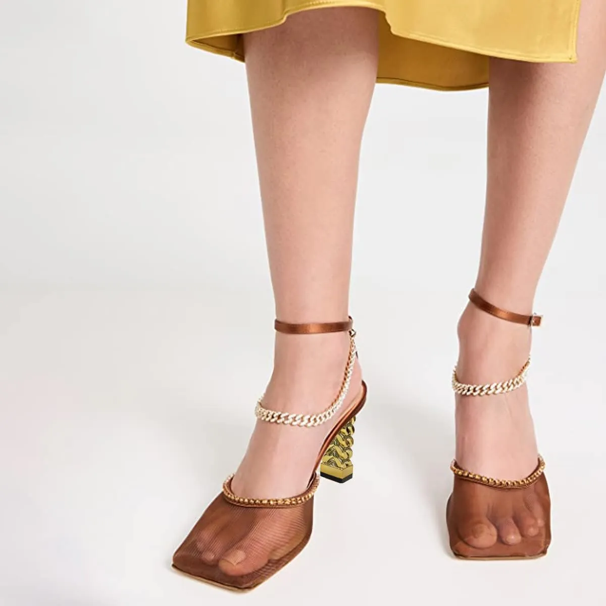 FYS Women Bling Square Toe Rhinestone Heeled Sandals Gold Metal Block Heels Ankle Strap Studded Chain Party Prom Fashion Breathable Mesh Shoes Size 4-15 US