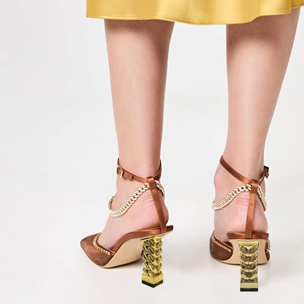 FYS Women Bling Square Toe Rhinestone Heeled Sandals Gold Metal Block Heels Ankle Strap Studded Chain Party Prom Fashion Breathable Mesh Shoes Size 4-15 US