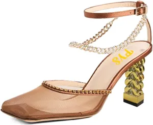 FYS Women Bling Square Toe Rhinestone Heeled Sandals Gold Metal Block Heels Ankle Strap Studded Chain Party Prom Fashion Breathable Mesh Shoes Size 4-15 US