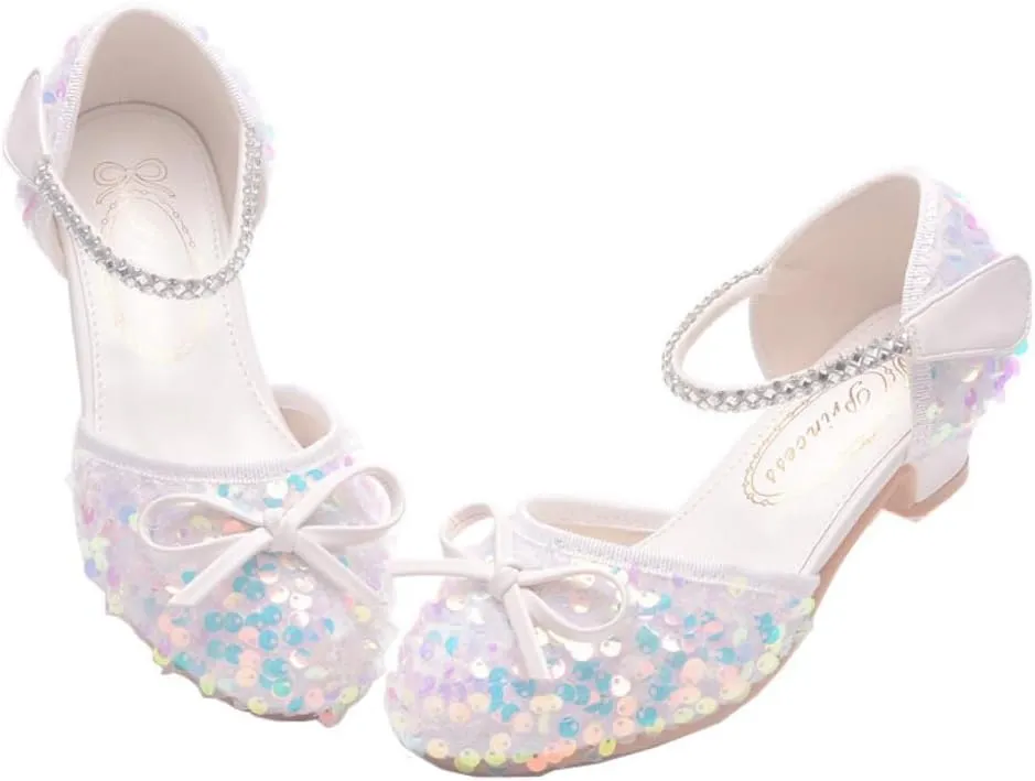 Girls Glitter Low Heels Dress Pump Flower Girl Sequin Mary Jane Wedding Party Princess Bow Dress Shoes for Toddler Little Kid Big Kid