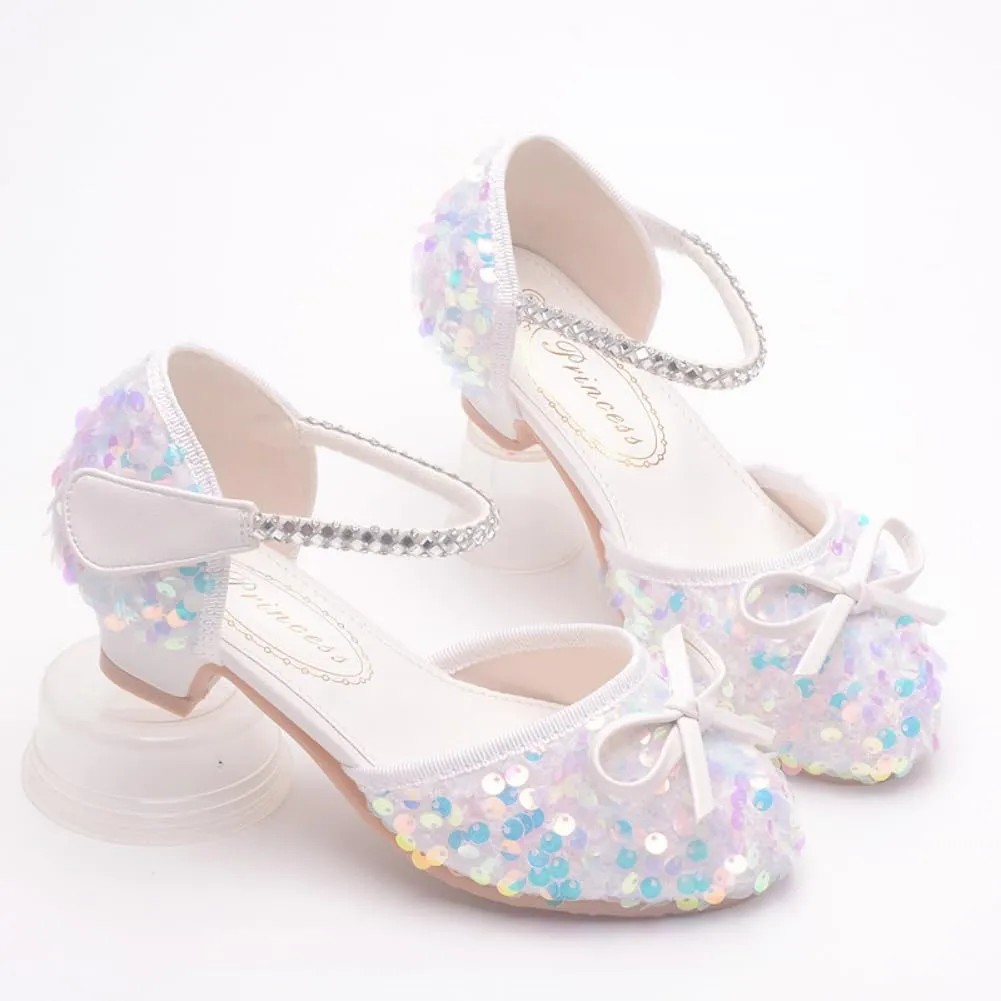 Girls Glitter Low Heels Dress Pump Flower Girl Sequin Mary Jane Wedding Party Princess Bow Dress Shoes for Toddler Little Kid Big Kid