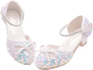 Girls Glitter Low Heels Dress Pump Flower Girl Sequin Mary Jane Wedding Party Princess Bow Dress Shoes for Toddler Little Kid Big Kid