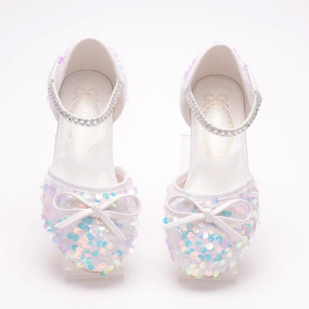 Girls Glitter Low Heels Dress Pump Flower Girl Sequin Mary Jane Wedding Party Princess Bow Dress Shoes for Toddler Little Kid Big Kid