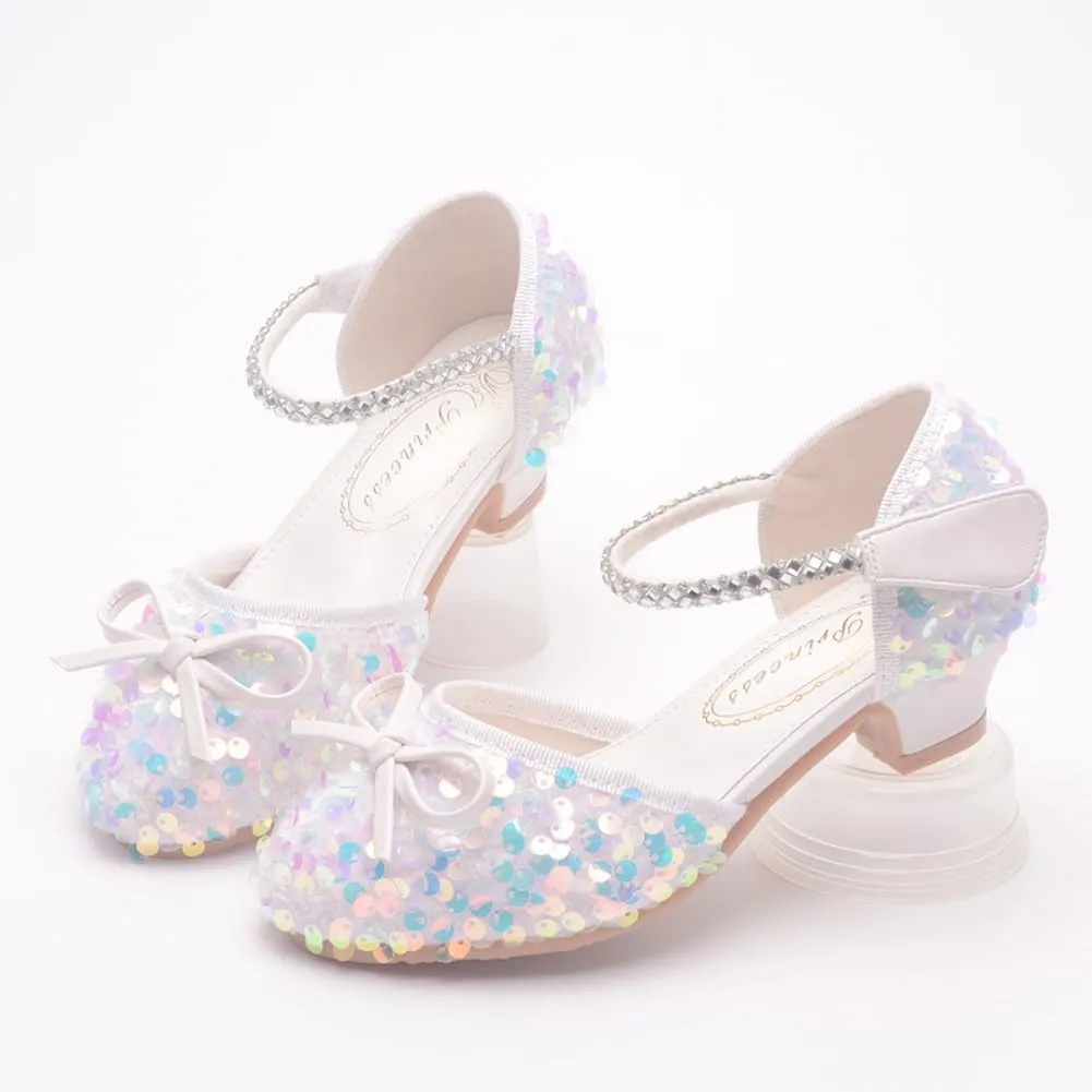 Girls Glitter Low Heels Dress Pump Flower Girl Sequin Mary Jane Wedding Party Princess Bow Dress Shoes for Toddler Little Kid Big Kid