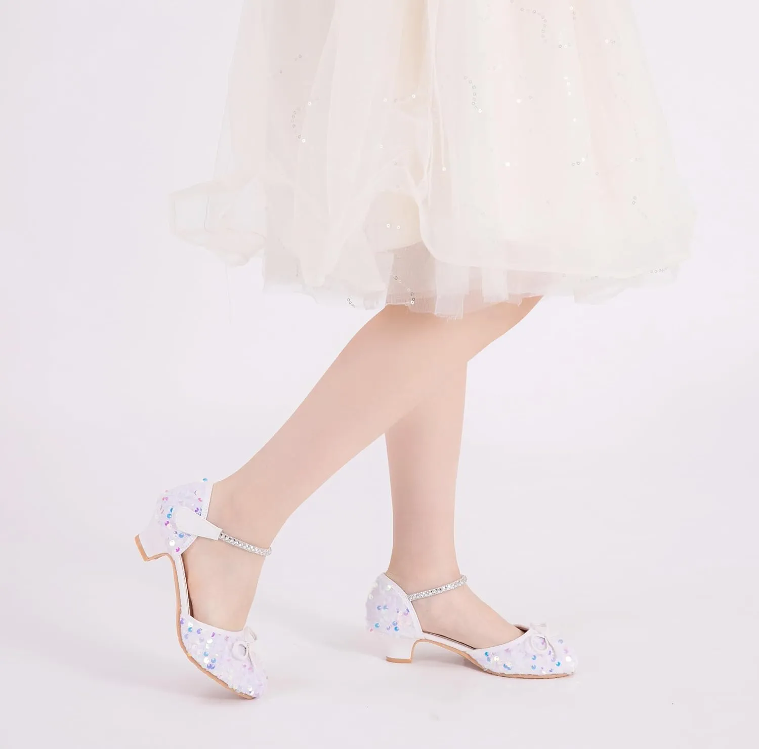 Girls Glitter Low Heels Dress Pump Flower Girl Sequin Mary Jane Wedding Party Princess Bow Dress Shoes for Toddler Little Kid Big Kid