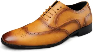 HOOENG Dress Oxford for Men Lace Up Brogue Embossed Burnished Wing Tip Vegan Leather Block Heel Anti-Slip Rubber Sole Low Top Classic (Color : Yellow, Size : 6.5)