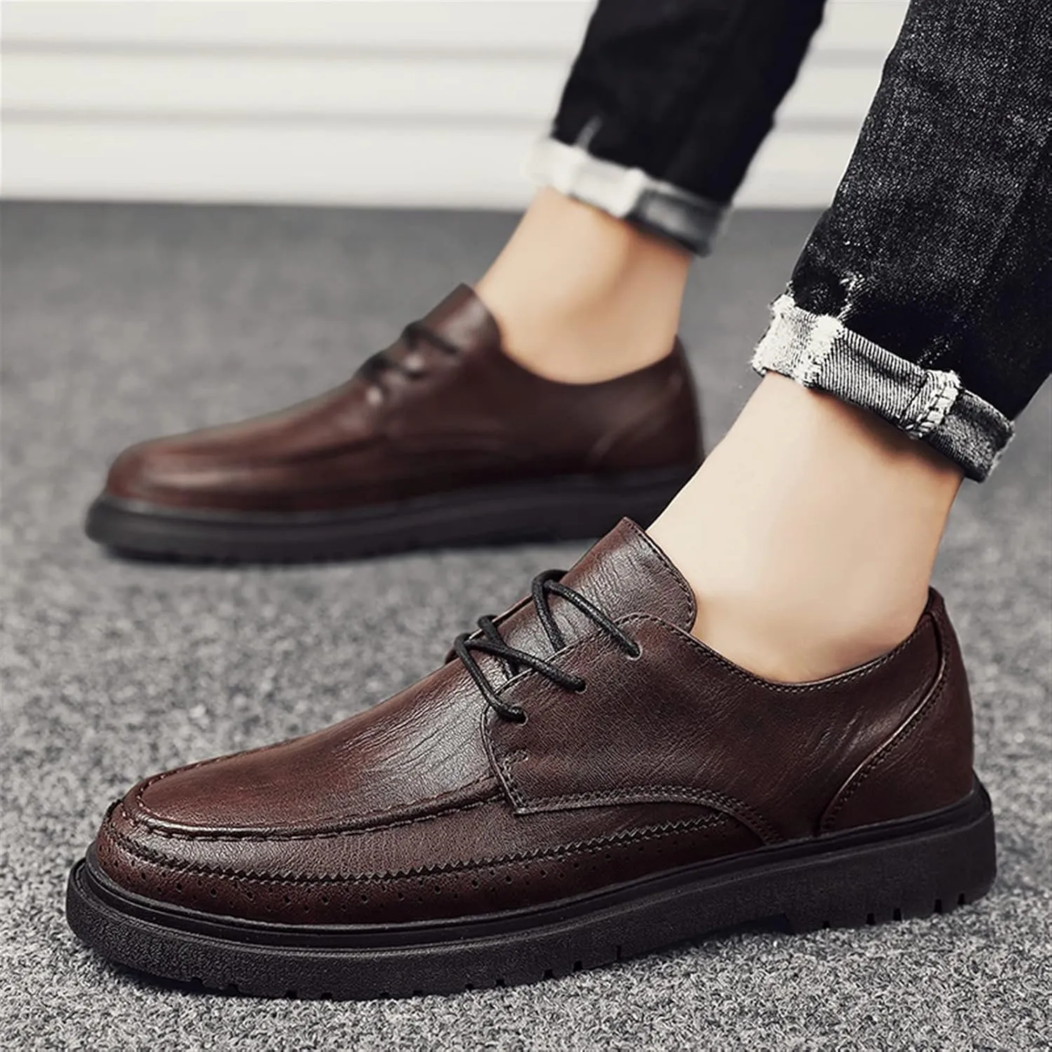 HOOENG Oxford Shoes for Men Lace Up Apron Toe Round Toe Derby Shoes Vegan Leather Anti-Slip Low Top Non Slip Classic