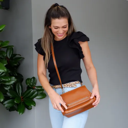 HUNTERS HILL-  Tan Genuine Leather Crossbody Bag