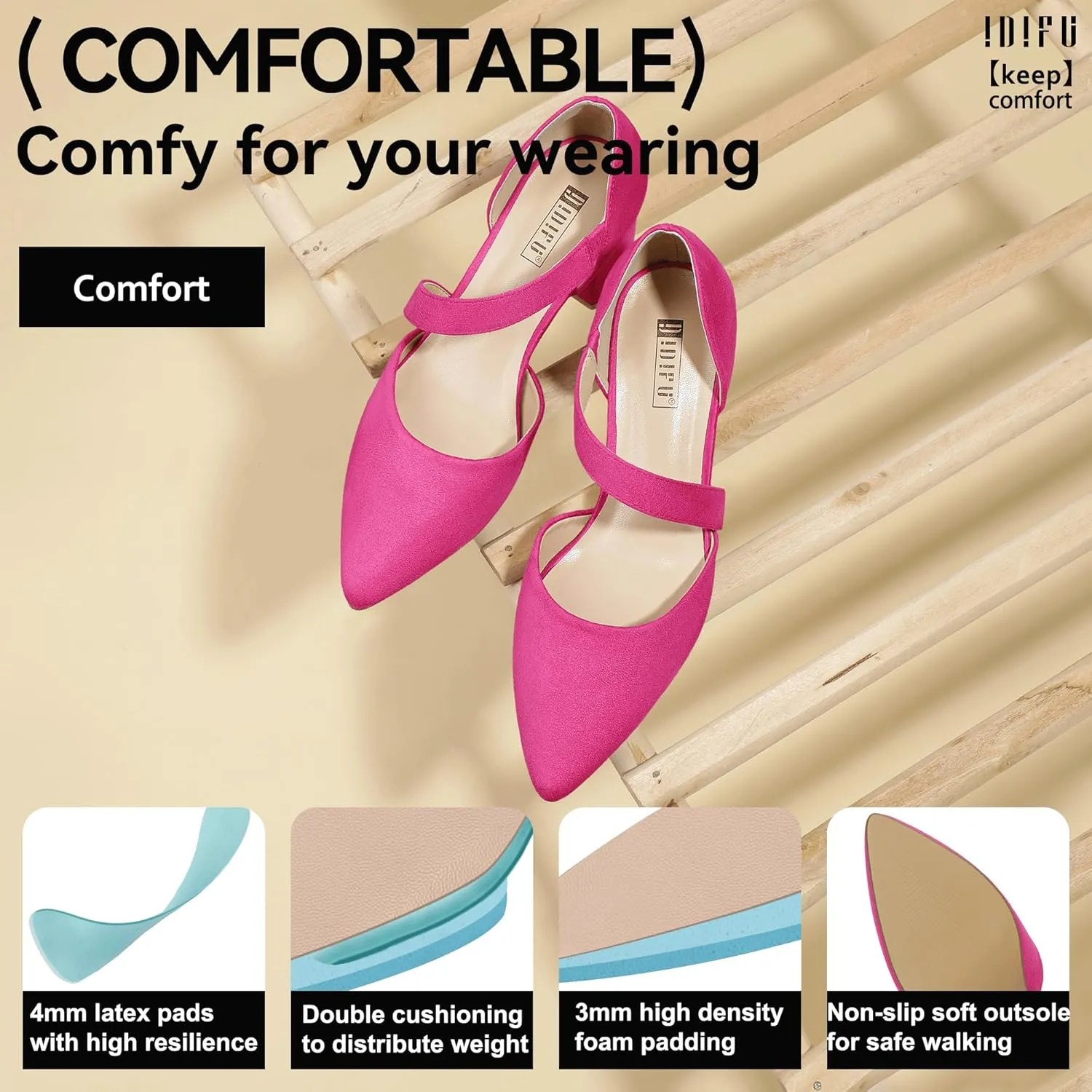 IDIFU IN2 Women's Pumps Closed Toe Strappy Heels Low Block Chunky Heels Dressy Wedding Bride Bridesmaid Prom Graduation Business Dress Shoes for Women Comfortable Formal Pointed Toe Short Small Heels