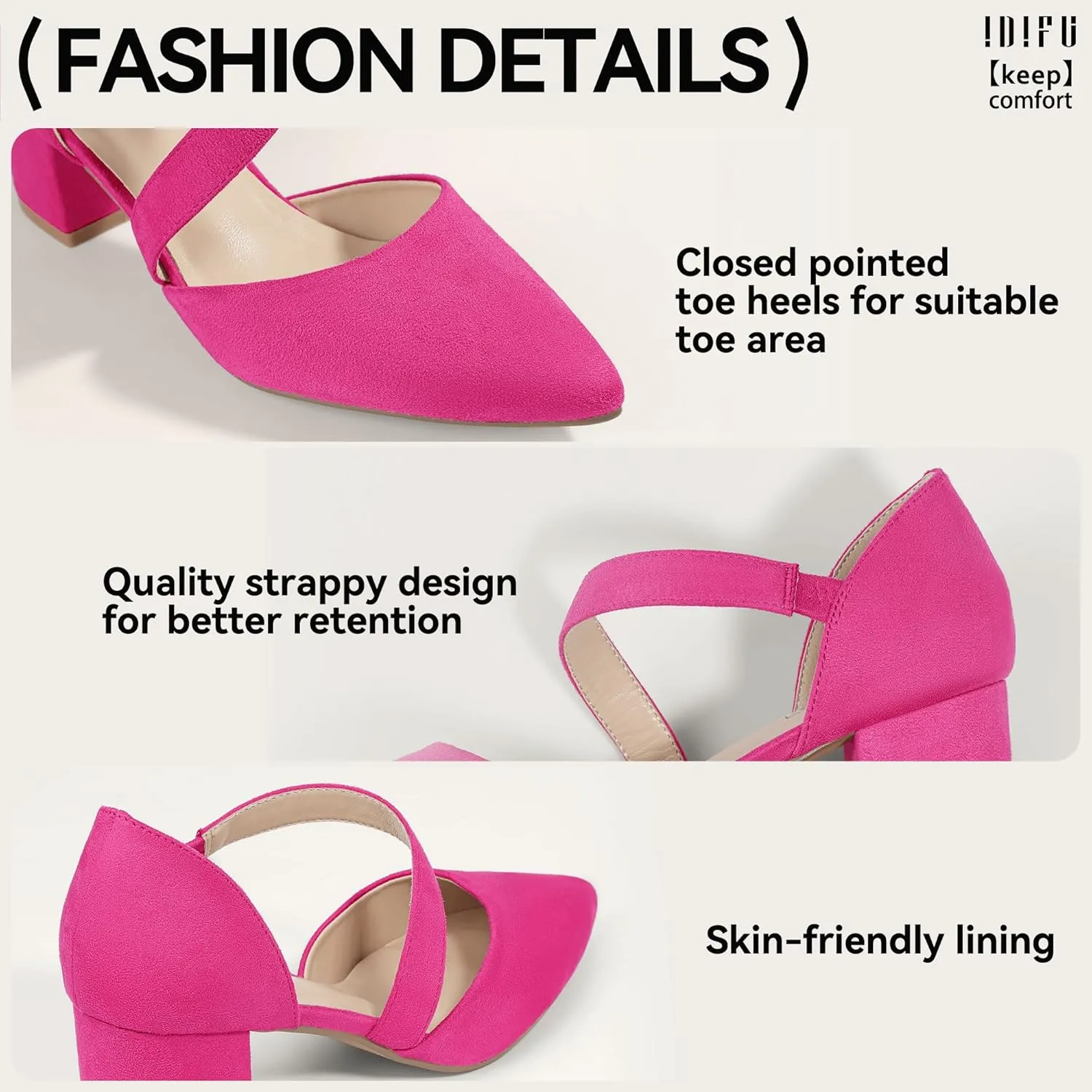 IDIFU IN2 Women's Pumps Closed Toe Strappy Heels Low Block Chunky Heels Dressy Wedding Bride Bridesmaid Prom Graduation Business Dress Shoes for Women Comfortable Formal Pointed Toe Short Small Heels