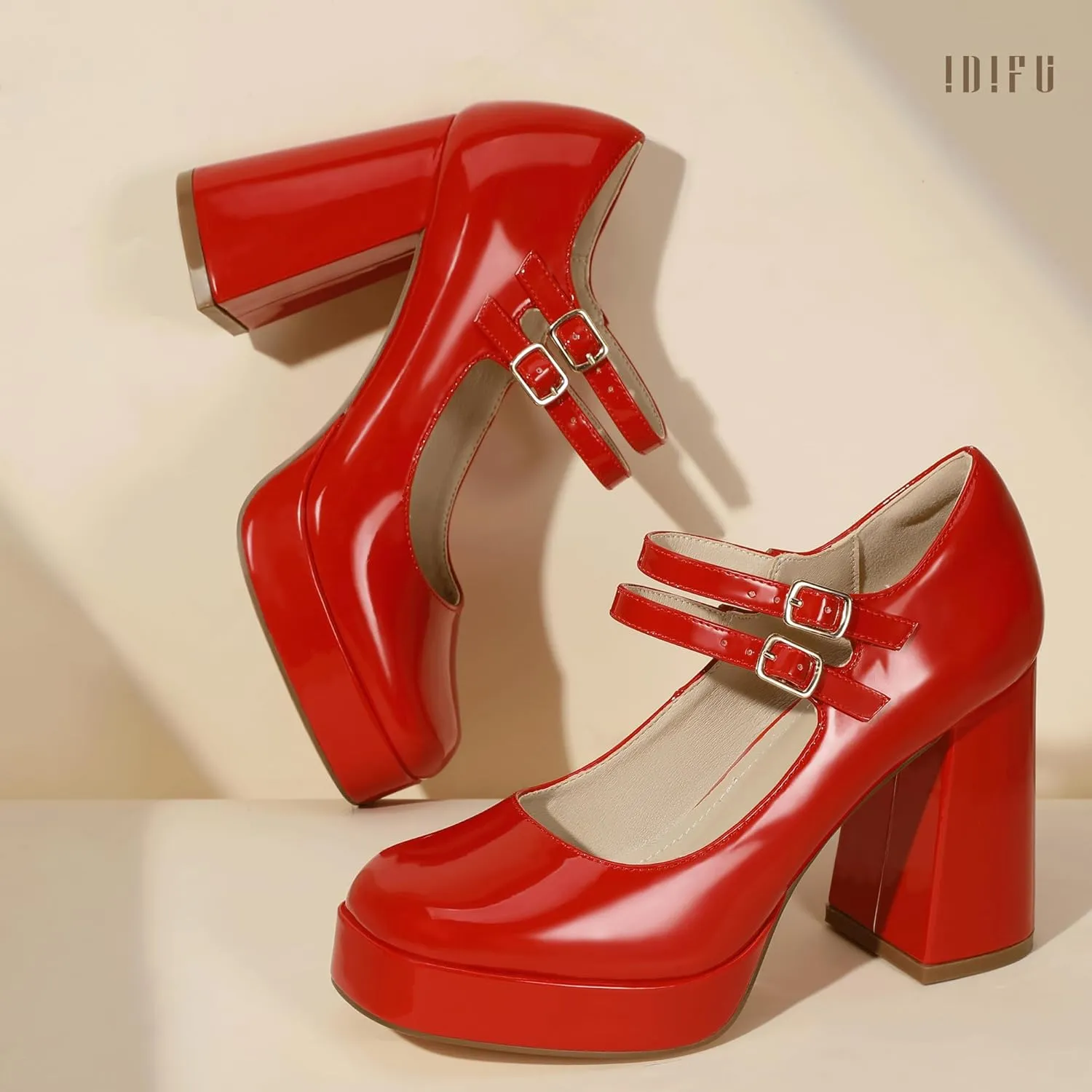 IDIFU IN4 Mary Jane Shoes Platform Chunky High Heels Closed Toe Dress Shoes for Women Wedding Work Business Homecoming Party Shoes Comfortable Casual Dressy Square Toe Heels Pumps