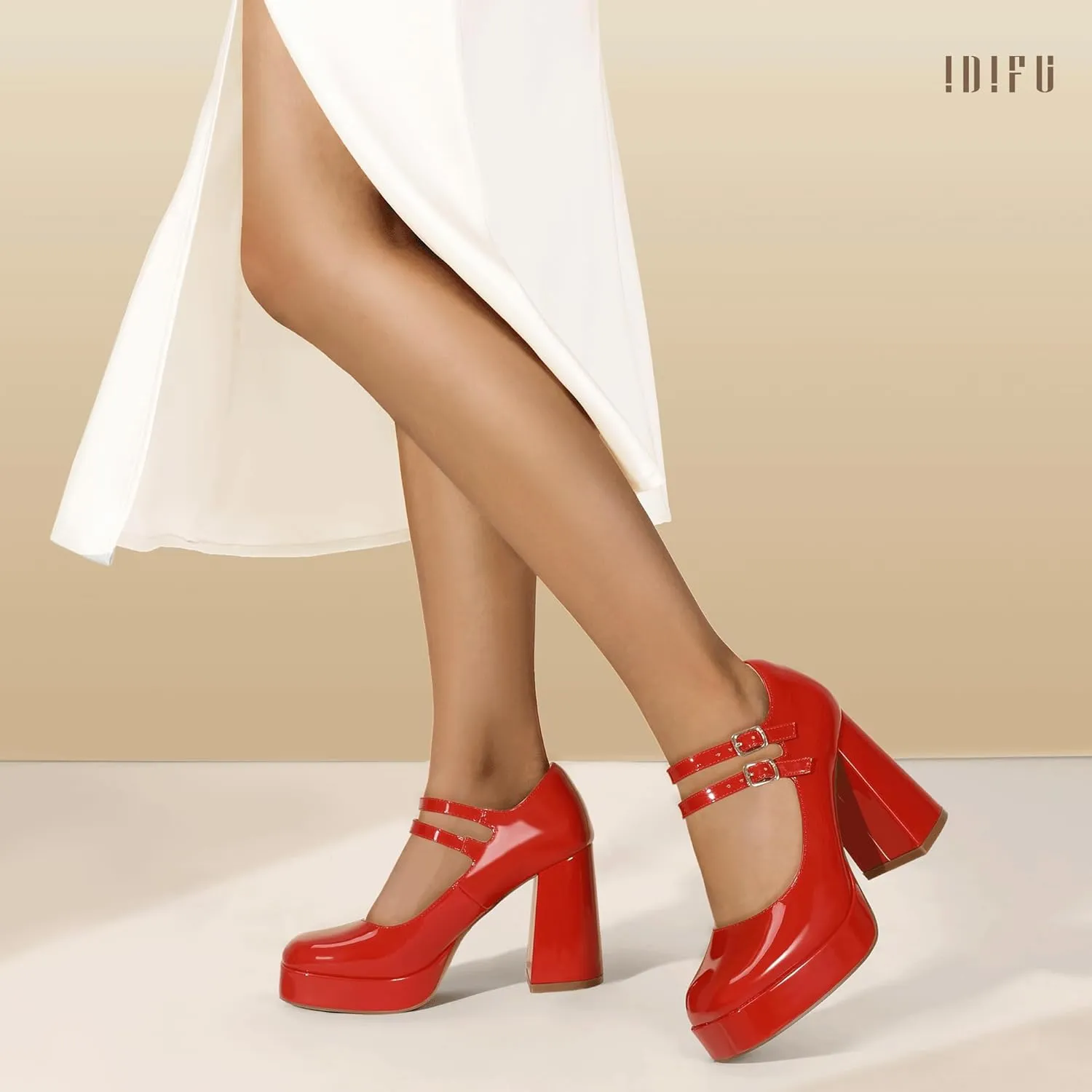 IDIFU IN4 Mary Jane Shoes Platform Chunky High Heels Closed Toe Dress Shoes for Women Wedding Work Business Homecoming Party Shoes Comfortable Casual Dressy Square Toe Heels Pumps