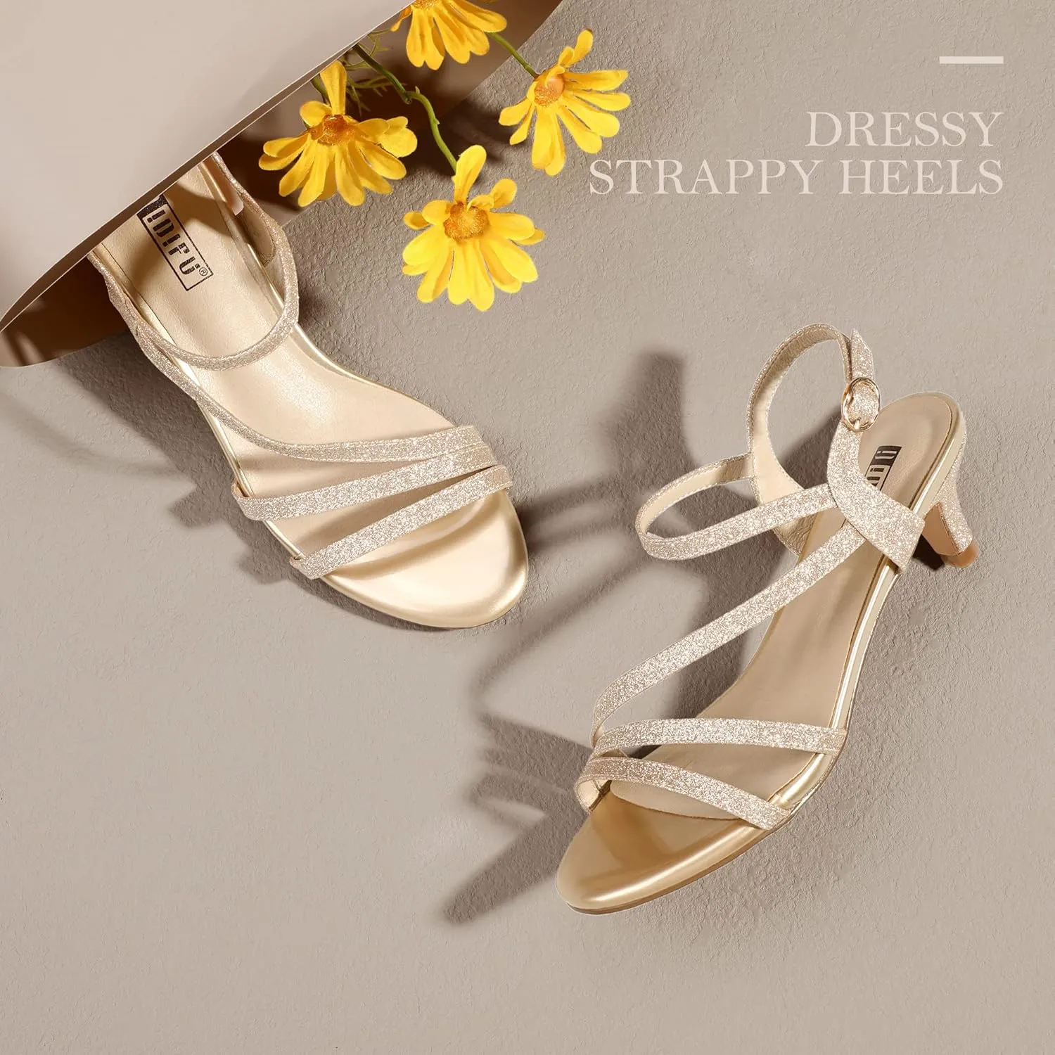 IDIFU Women's Dressy Strappy 2 Inch Low Kitten Heel Open Toe Sandals Dress Shoes for Woman Lady in Bridal Dance Evening