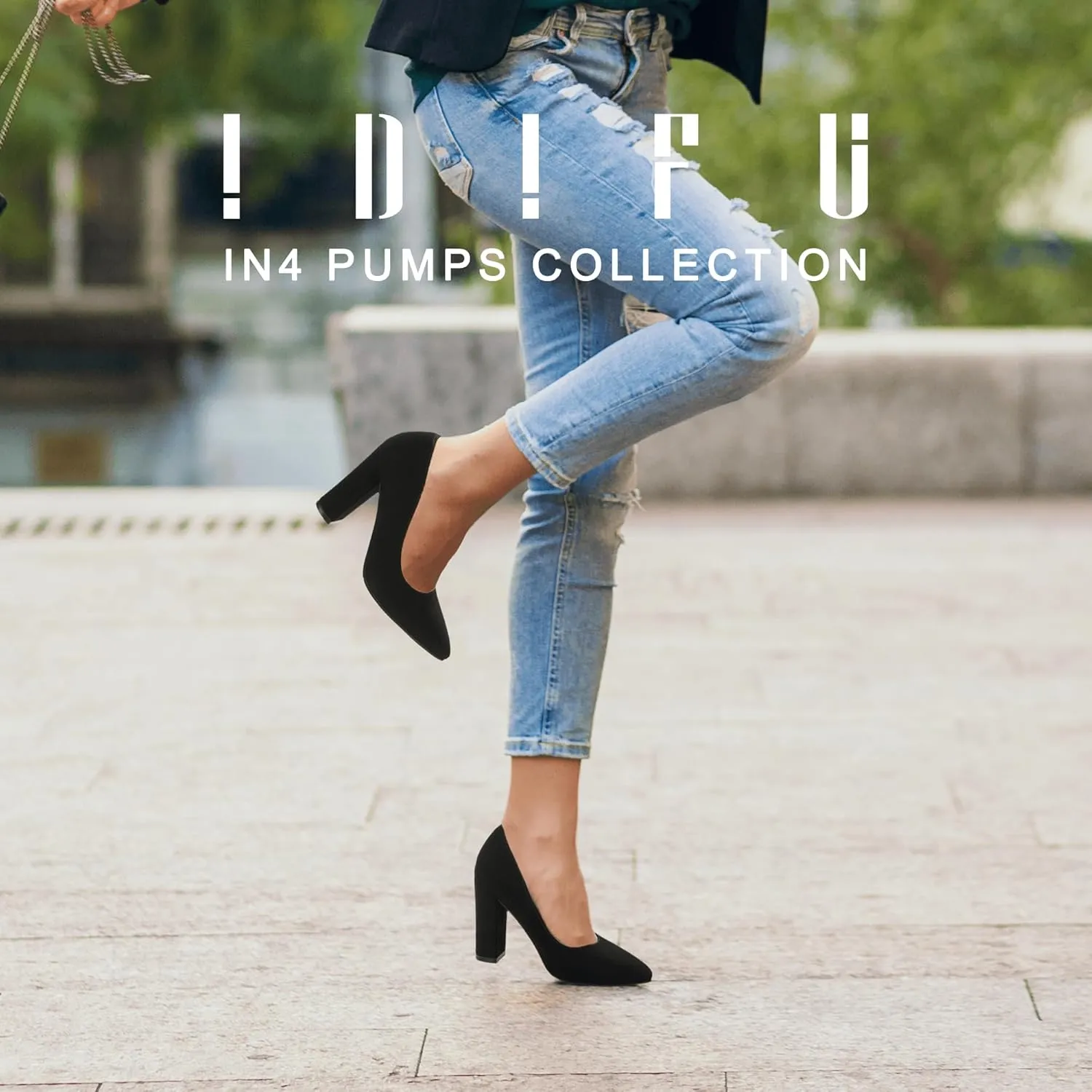 IDIFU Women's IN4 Chunky-HI Block High Heels Closed Pointed Toe Pumps Dress Office Shoes for Women