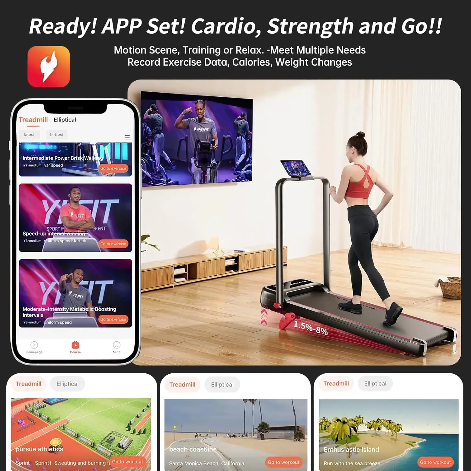 Incline Foldable Treadmill, Walking Pad with Handle Bar 3 Level Incline, 300 Lbs Portable Treadmill for Home Office,