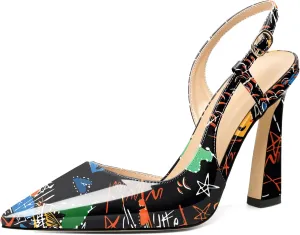 Joseywade Women Slingback Pumps High Stiletto Heel 4 Inch Heeled Sandals Sexy Closed Pointed Toe Flare Heel Dress Shoes