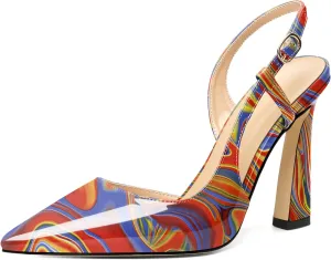 Joseywade Women Slingback Pumps High Stiletto Heel 4 Inch Heeled Sandals Sexy Closed Pointed Toe Flare Heel Dress Shoes