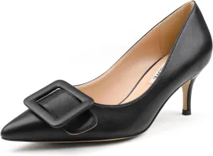 JOY IN LOVE Women's Kitten Heel Pumps Pointed Toe Square-Buckle Office Dress Pump Shoes