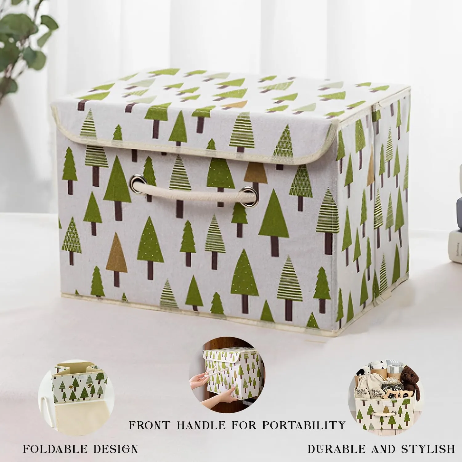 Kuber Industries Large Foldable Storage Box With Lid|Toys Storage Bin|Wardrobe Organizer For clothes|Front Handle & Sturdy Pack Of-4 (Green)