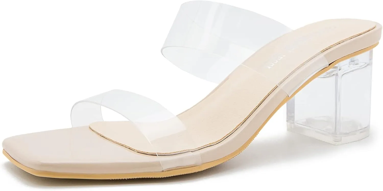 MAIERNISI JESSI Clear Heels for Women Transparent Two Strap Chunky Heel Square Toe Sandals