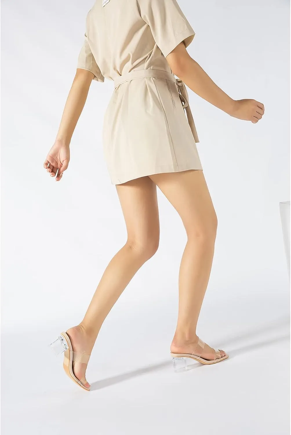 MAIERNISI JESSI Clear Heels for Women Transparent Two Strap Chunky Heel Square Toe Sandals