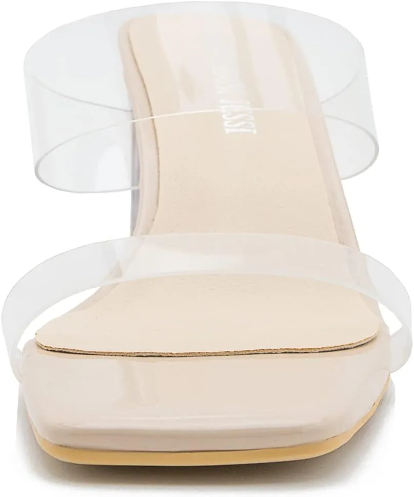 MAIERNISI JESSI Clear Heels for Women Transparent Two Strap Chunky Heel Square Toe Sandals