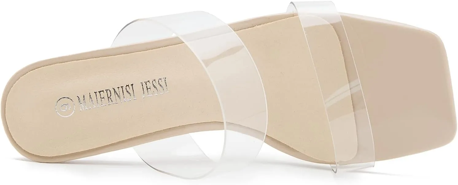 MAIERNISI JESSI Clear Heels for Women Transparent Two Strap Chunky Heel Square Toe Sandals