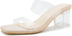 MAIERNISI JESSI Clear Heels for Women Transparent Two Strap Chunky Heel Square Toe Sandals