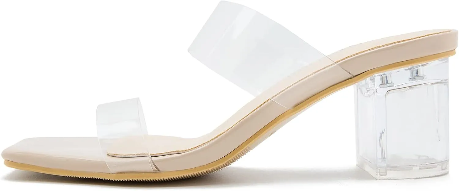 MAIERNISI JESSI Clear Heels for Women Transparent Two Strap Chunky Heel Square Toe Sandals