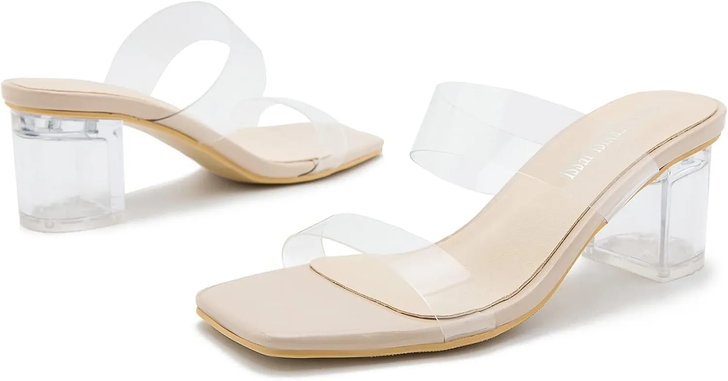 MAIERNISI JESSI Clear Heels for Women Transparent Two Strap Chunky Heel Square Toe Sandals