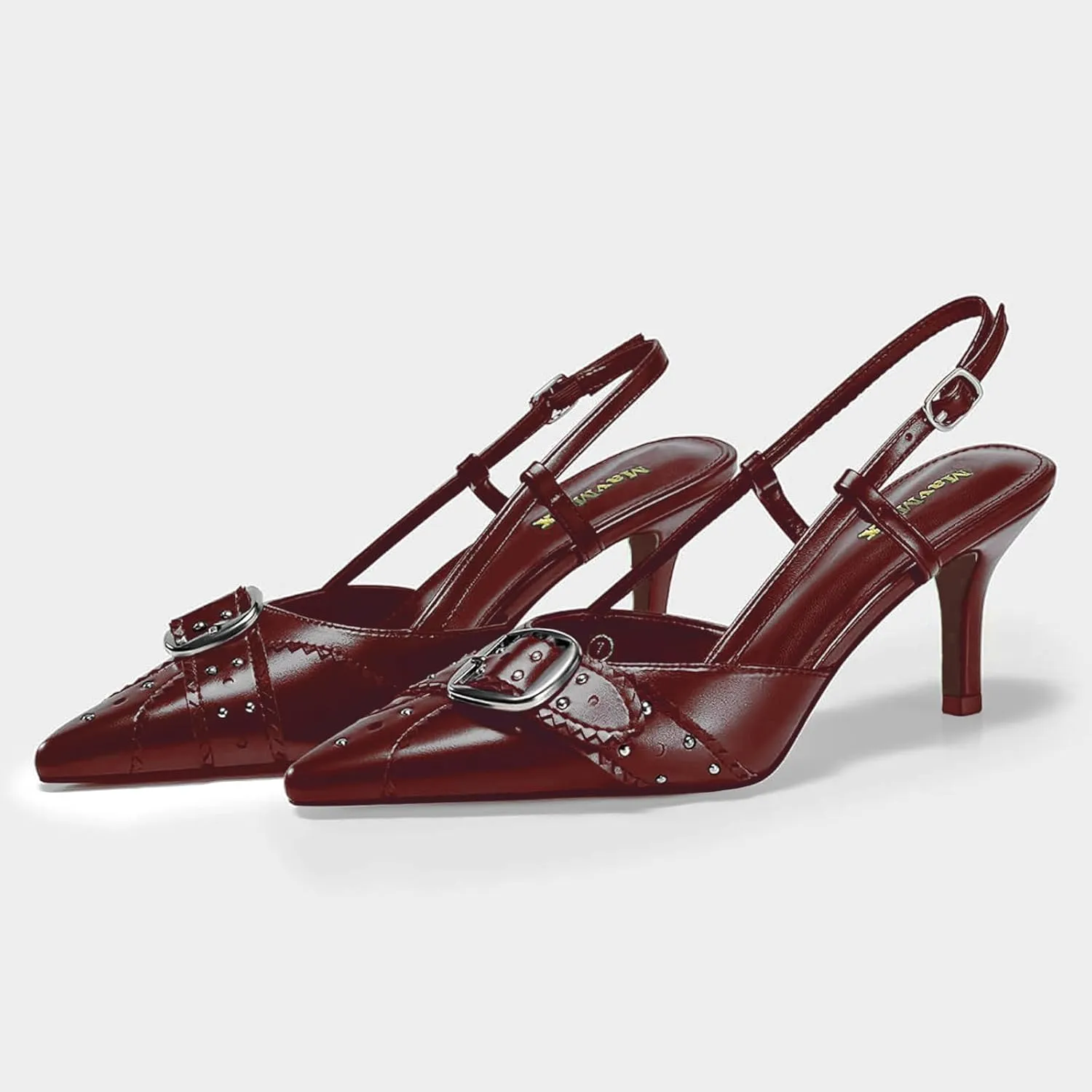 MAVMAX Slingback Heels for Women Studded Pointed Toe Kitten Heels Pumps Buckle Stiletto Backless Heeled Sandals Wedding Party Dress Shoes