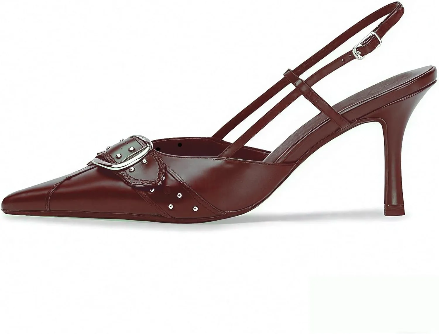MAVMAX Slingback Heels for Women Studded Pointed Toe Kitten Heels Pumps Buckle Stiletto Backless Heeled Sandals Wedding Party Dress Shoes