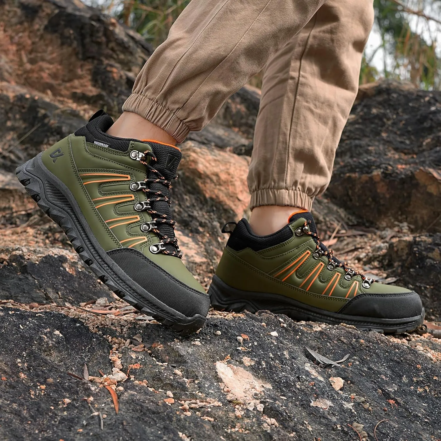 Men's Steel Toe Work Shoes, Black, Indestructible Green, Waterproof, Non Slip, Puncture Proof, Composite Toe, Outdoor, Hiking, Sports, Casual, Winter, Solid, Leather, Athletic Shoes