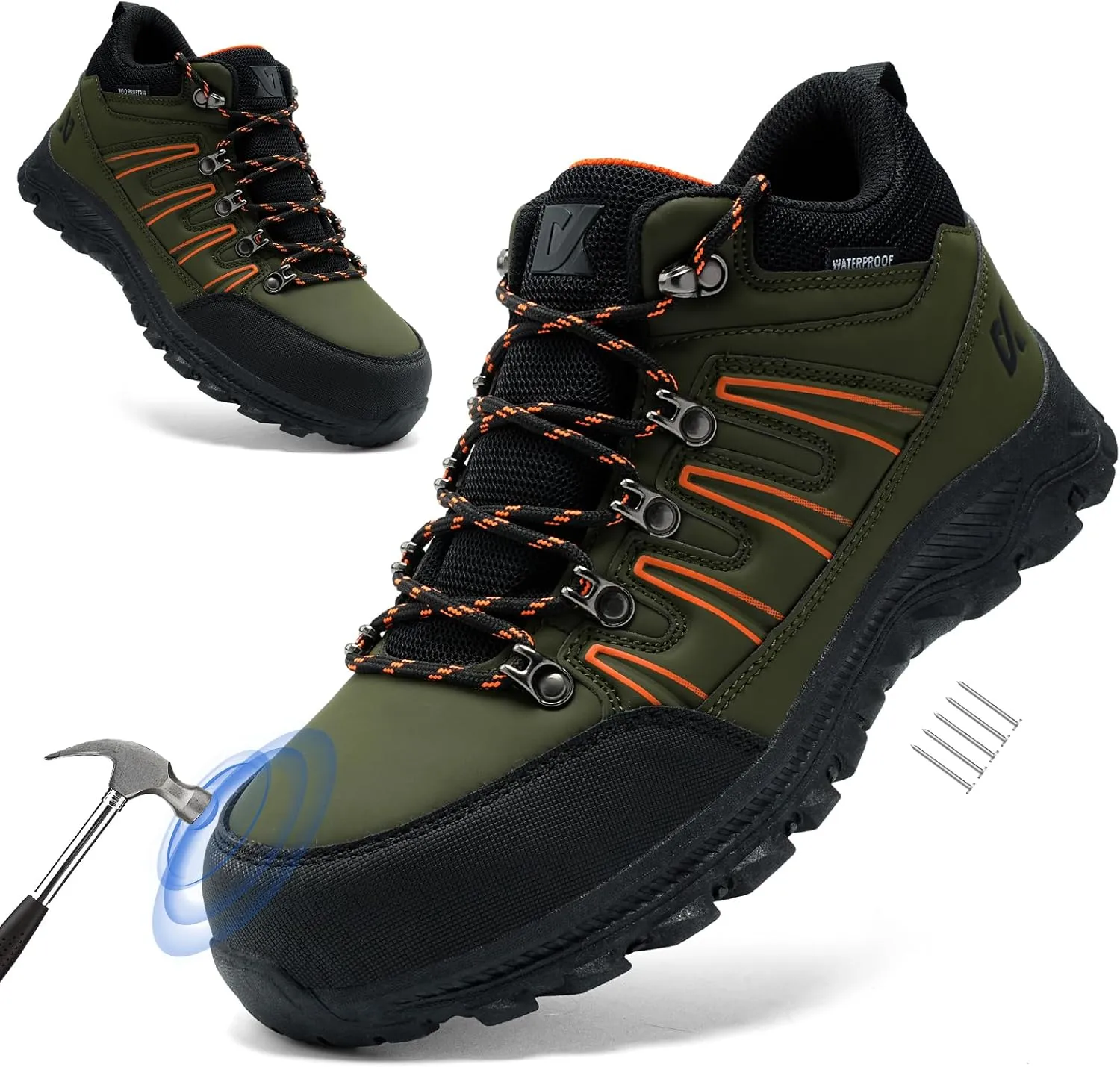 Men's Steel Toe Work Shoes, Black, Indestructible Green, Waterproof, Non Slip, Puncture Proof, Composite Toe, Outdoor, Hiking, Sports, Casual, Winter, Solid, Leather, Athletic Shoes