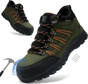 Men's Steel Toe Work Shoes, Black, Indestructible Green, Waterproof, Non Slip, Puncture Proof, Composite Toe, Outdoor, Hiking, Sports, Casual, Winter, Solid, Leather, Athletic Shoes