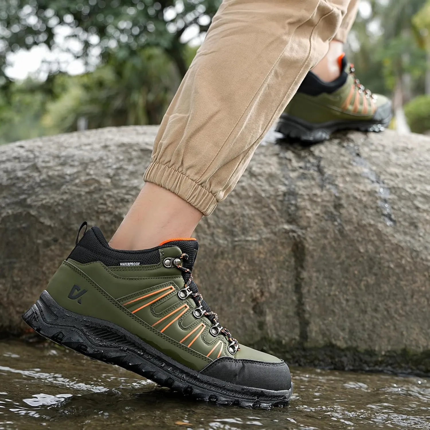 Men's Steel Toe Work Shoes, Black, Indestructible Green, Waterproof, Non Slip, Puncture Proof, Composite Toe, Outdoor, Hiking, Sports, Casual, Winter, Solid, Leather, Athletic Shoes