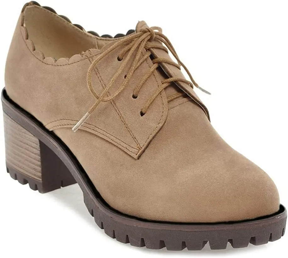 MIOKE Women's Casual Platform Lace Up Pump Oxfords Round Toe Suede Chunky High Heel Vintage Dress Shoes Brown