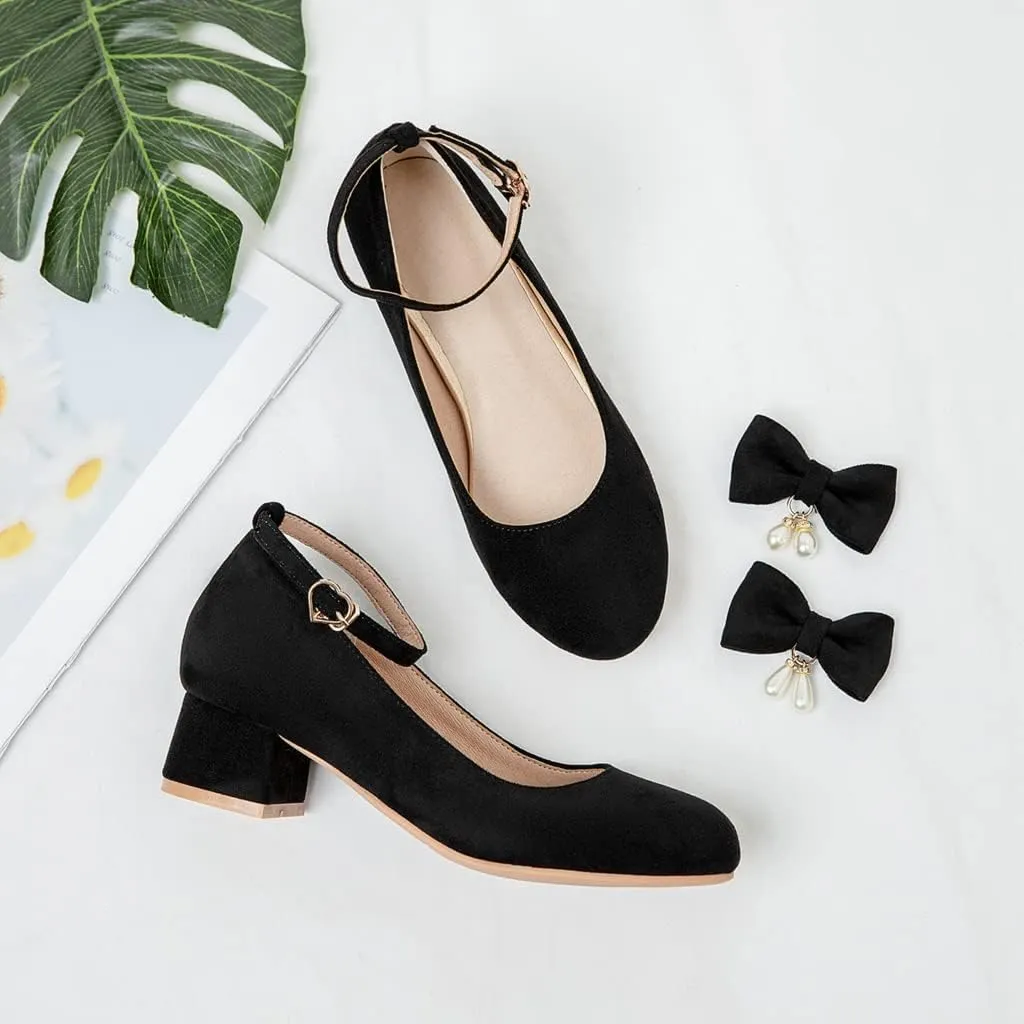 MIOKE Women's Chunky Mid Heel Dress Pumps Square Toe Buckle Suede Slip-On Comfort Casual Office Work Shoes