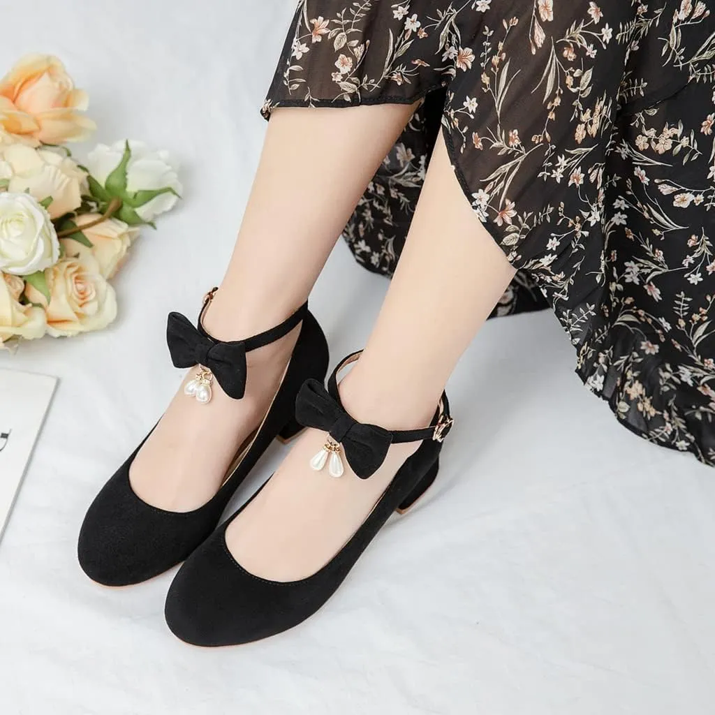 MIOKE Women's Chunky Mid Heel Dress Pumps Square Toe Buckle Suede Slip-On Comfort Casual Office Work Shoes